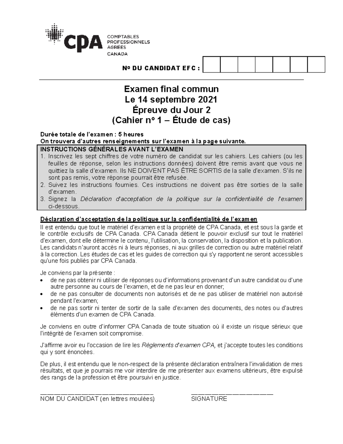 EFC 2021 : Examen Final Commun - Étude de Cas Jour 2 - Studocu