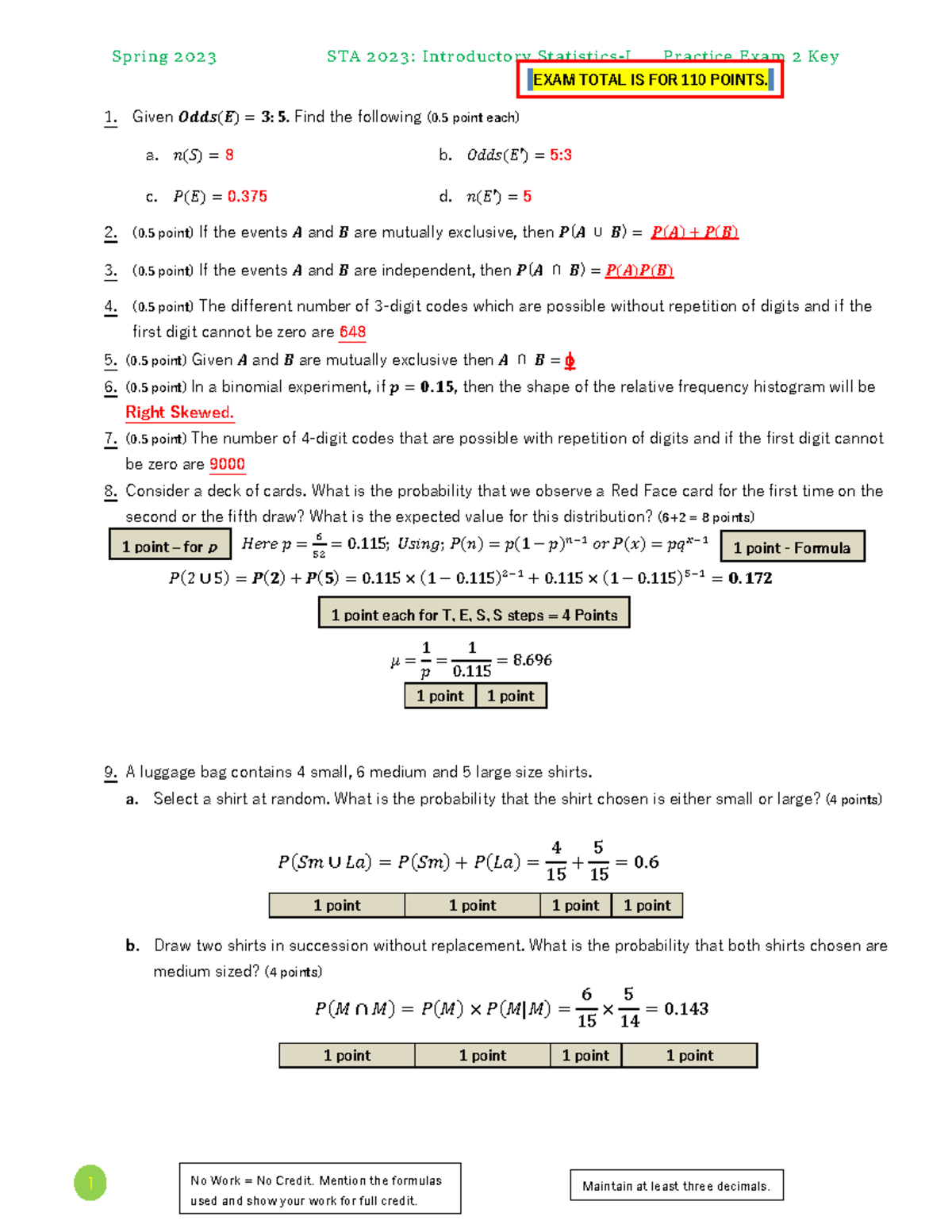 STA 2023 Spring 2023 Practice Exam-2 KEY - Maintain at least three ...