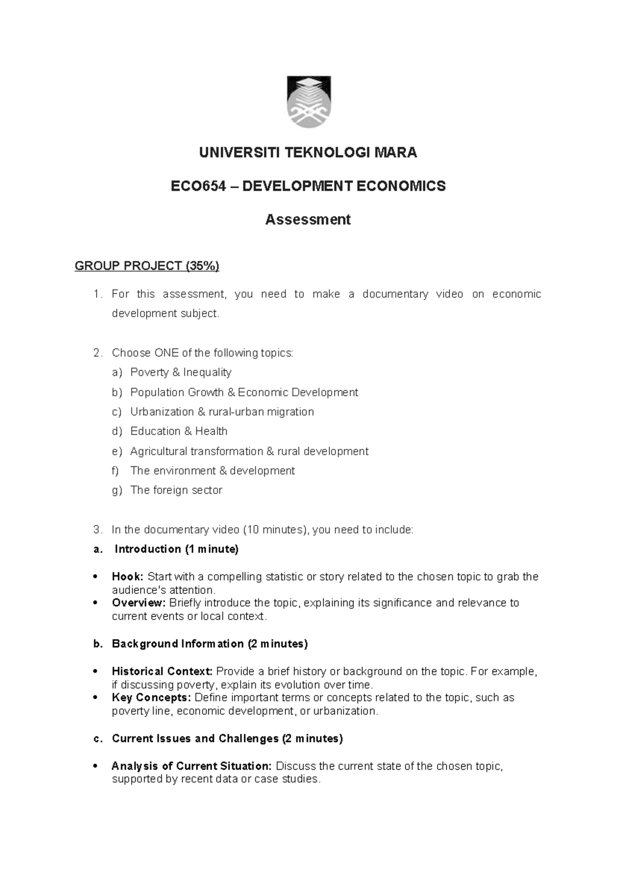 Group Project (35%) - ECO654 Development Economics Documentary Guide ...