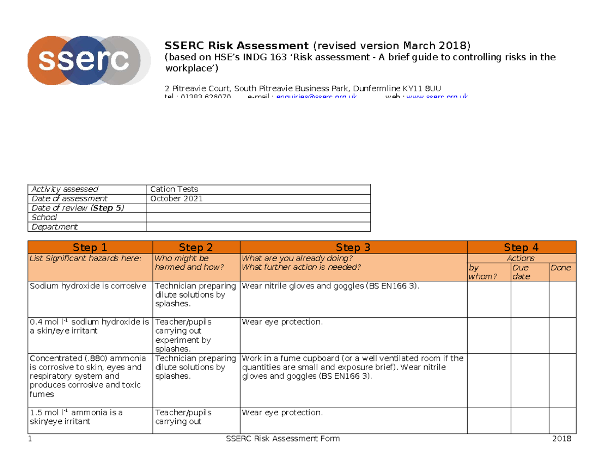 SSERC risk assessment for anion tests - revised March 2018 - Studocu