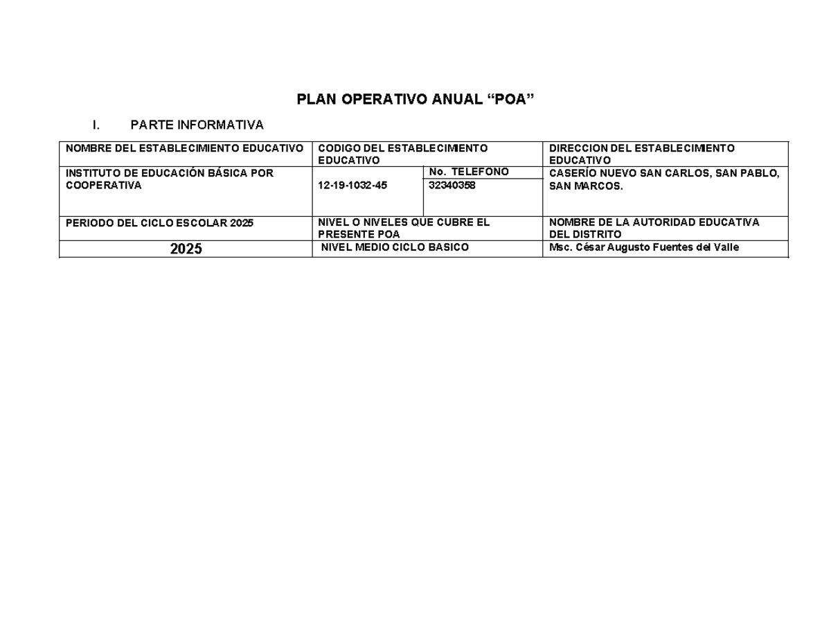 POA 2024-2025: Plan Operativo Anual del Instituto Educativo 12-19-1032 - Document Preview