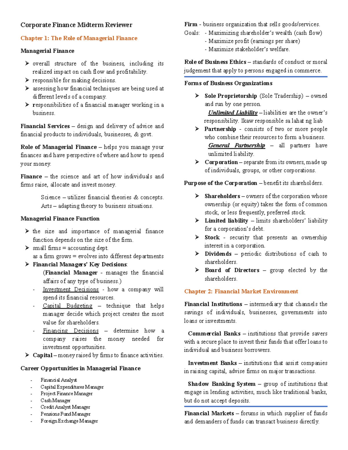 Corporate Finance Reviewer - Corporate Finance Midterm Reviewer Chapter ...