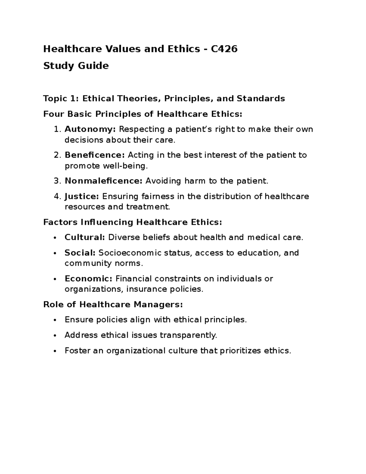 C426 Study Guide - Healthcare Values and Ethics - C Study Guide Topic 1 ...