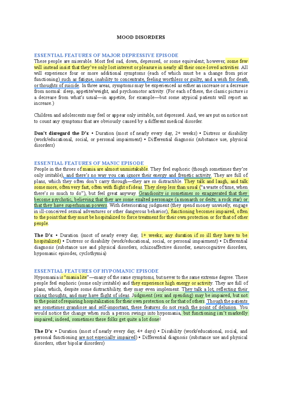 MOOD DISORDERS: ESSENTIAL FEATURES & SPECIFIERS (Final Exam Notes ...