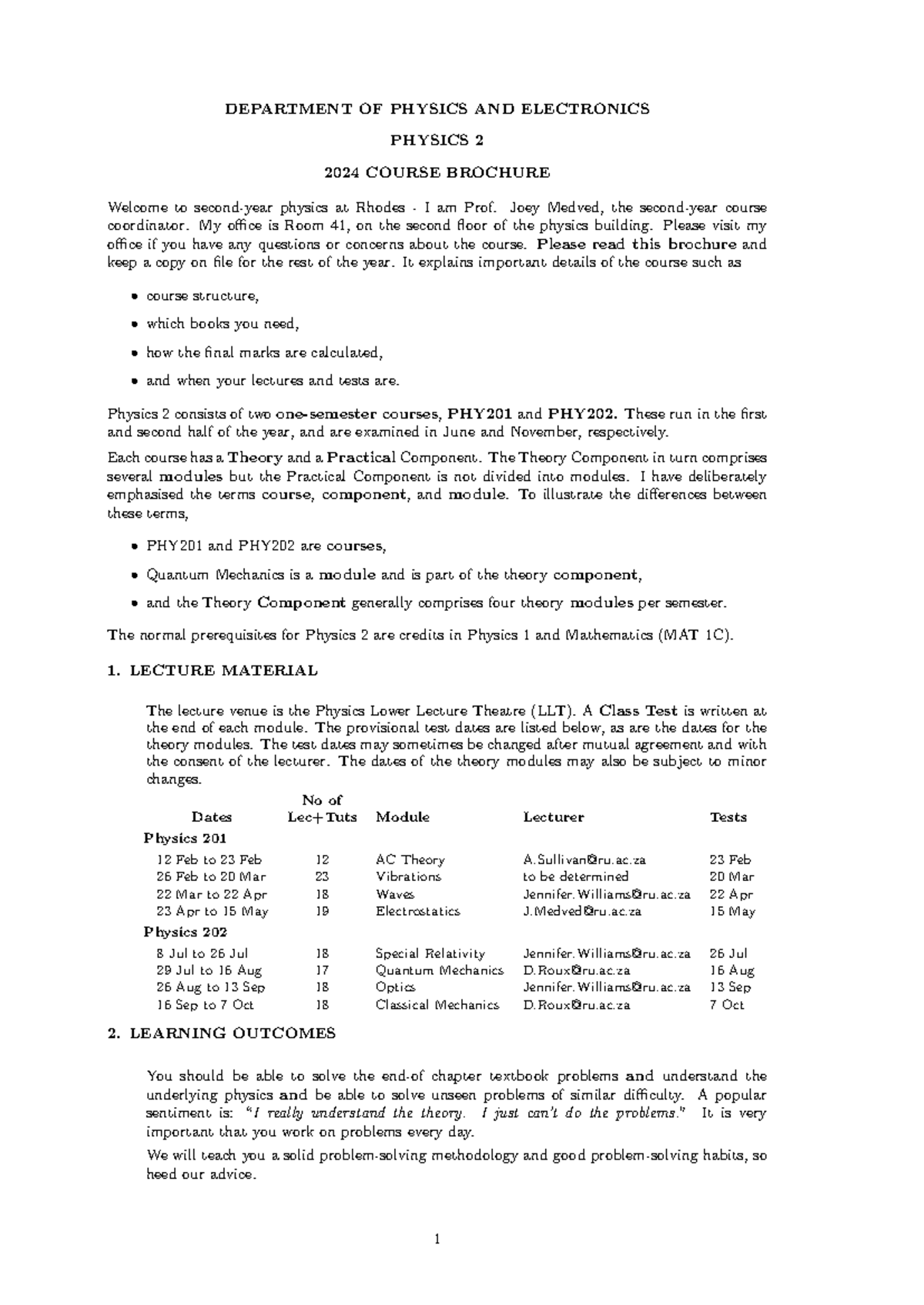 Physics 2 brochure 2024 - DEPARTMENT OF PHYSICS AND ELECTRONICS PHYSICS ...