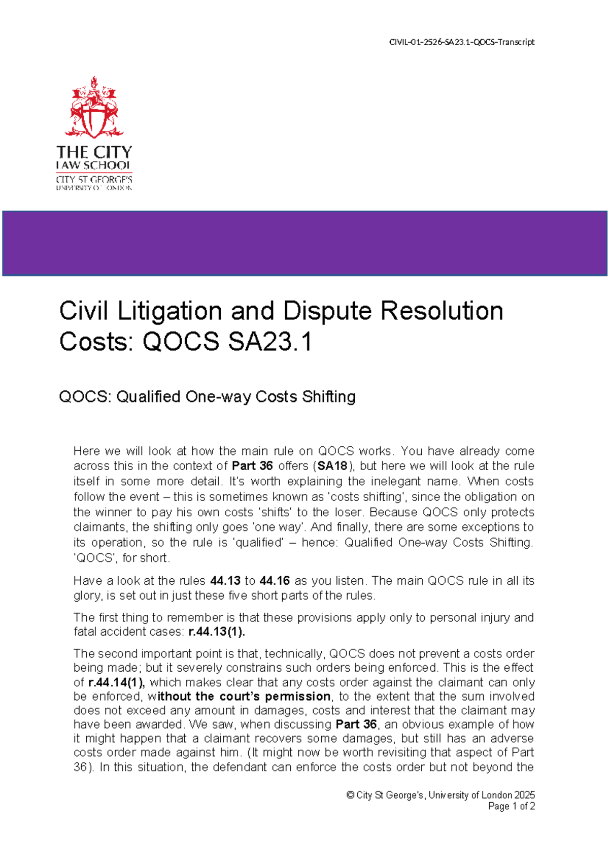 Civil Litigation & Dispute Resolution: QOCS SA23.1 Overview - Studocu