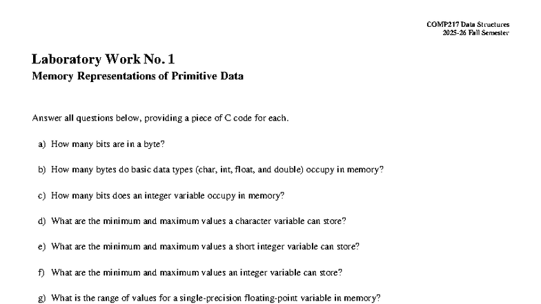 COMP217 Fall Lab 1: Memory Representation of Primitive Data - Studocu