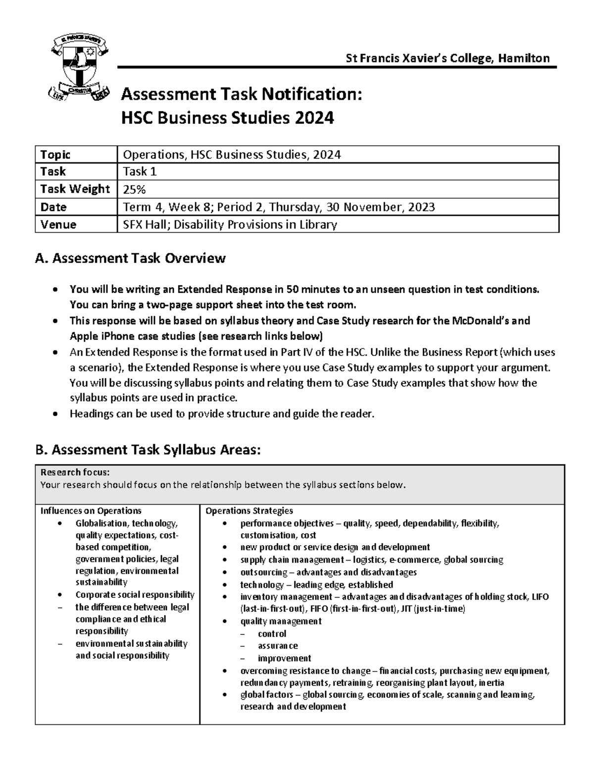 HSC Business Studies 2024 Task 1: Operations Extended Response Guide ...
