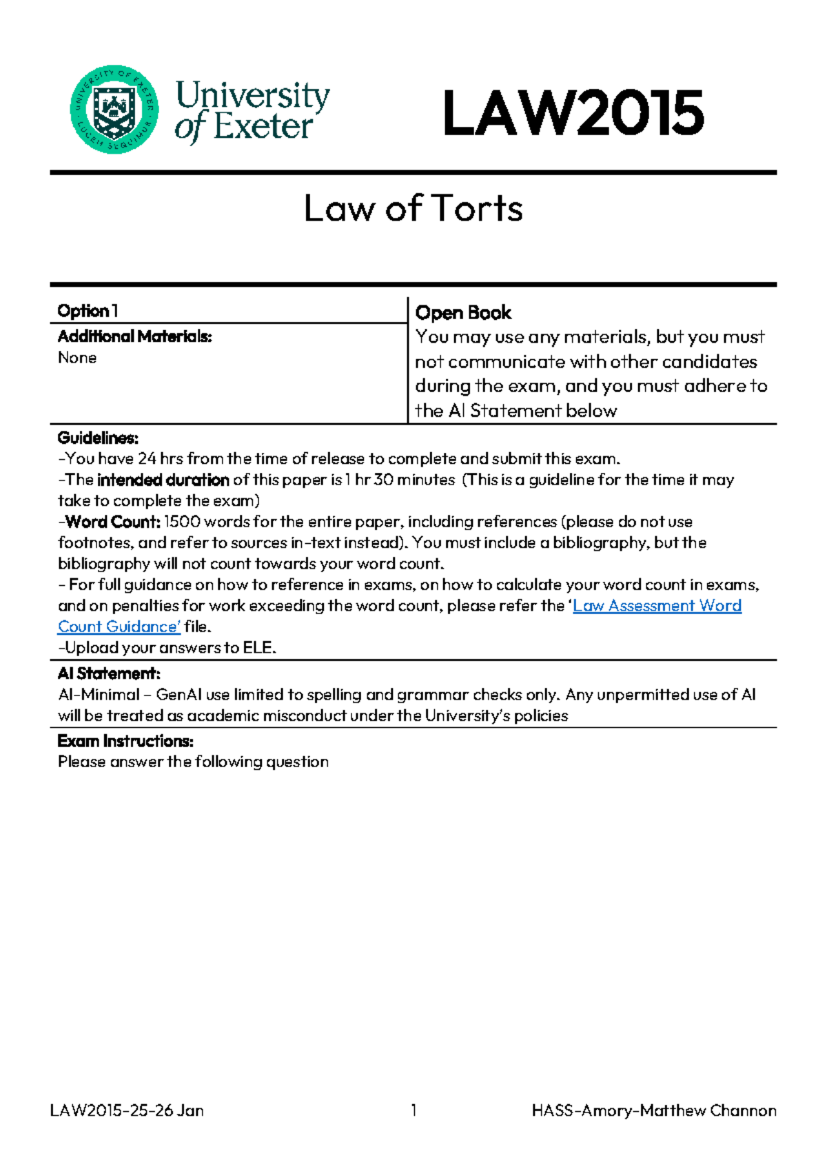 LAW2015 Final Exam: Law of Torts Option 1 Guidelines and Instructions ...
