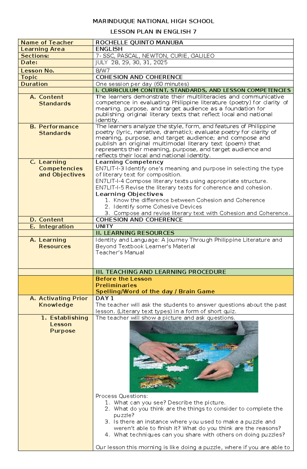 ENGLISH 7 LESSON PLAN: COHESION AND COHERENCE BY ROCHELLE Q. MANUBA ...