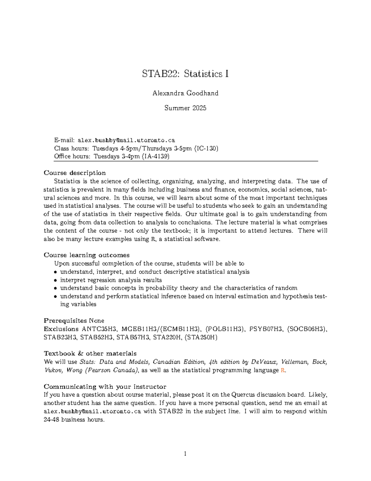 STAB22: Statistics I Syllabus - Summer 2025 Overview - Studocu