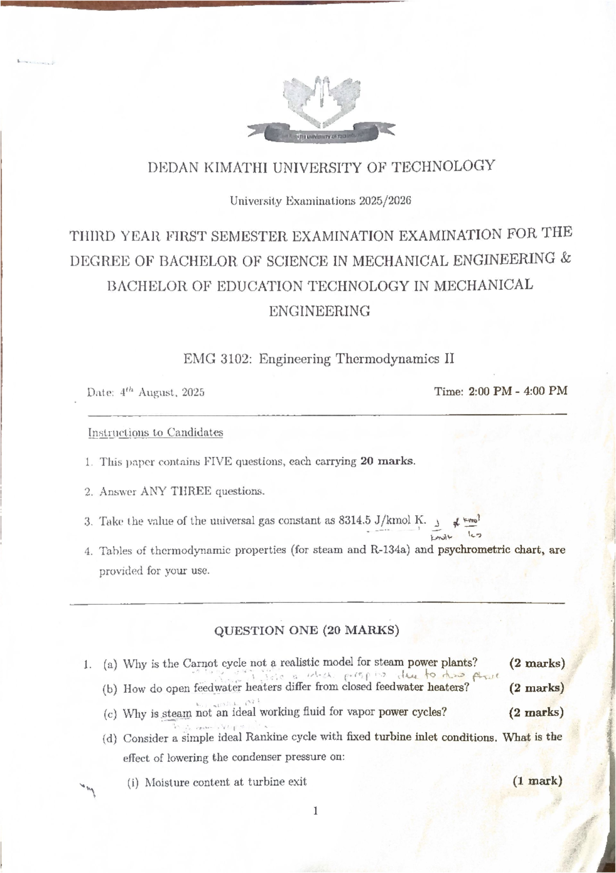 EMG 3102: Engineering Thermodynamics II - Exam Paper August 2025 - Studocu