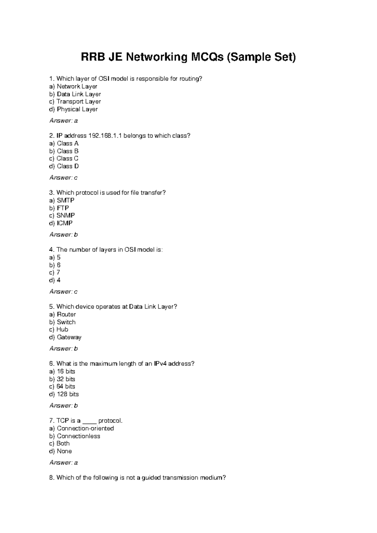 RRB JE Networking MCQs Sample Set for Exam Preparation - Studocu