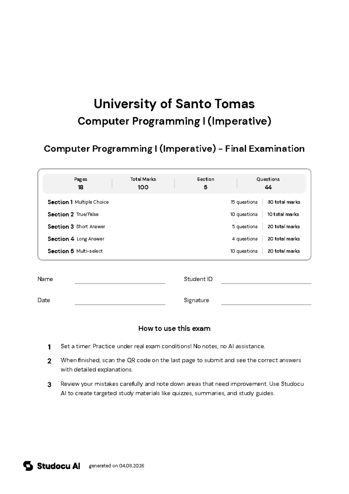 Computer Programming I (Imperative) - Final Exam - Studocu