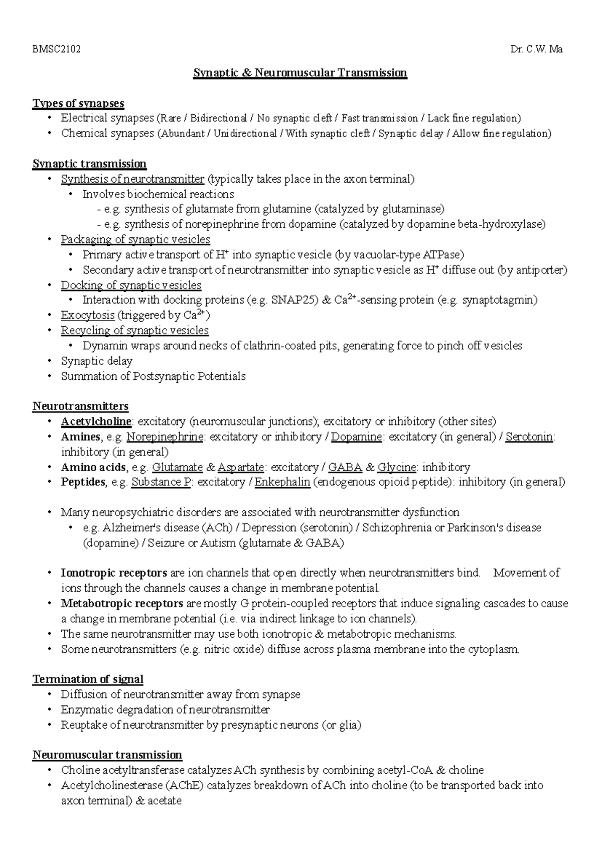 BMSC2102 L7 - Synaptic & Neuromuscular Transmission Notes - Studocu