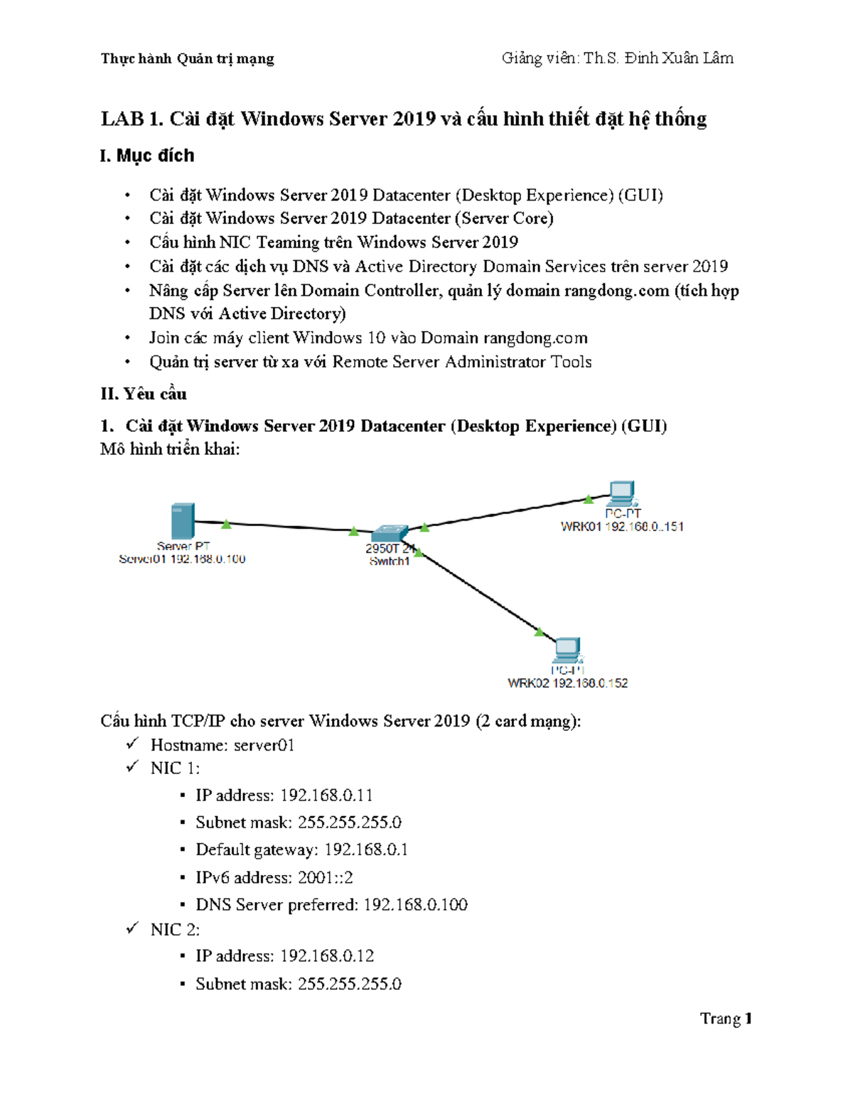 LAB 1 - Cài đặt Windows Server 2019 và Cấu hình Hệ thống - Studocu