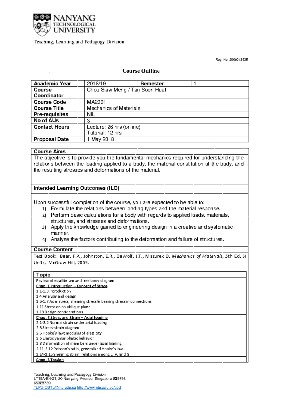 MA2001 Mechanics of Materials Course Outline and Learning Guide - Studocu