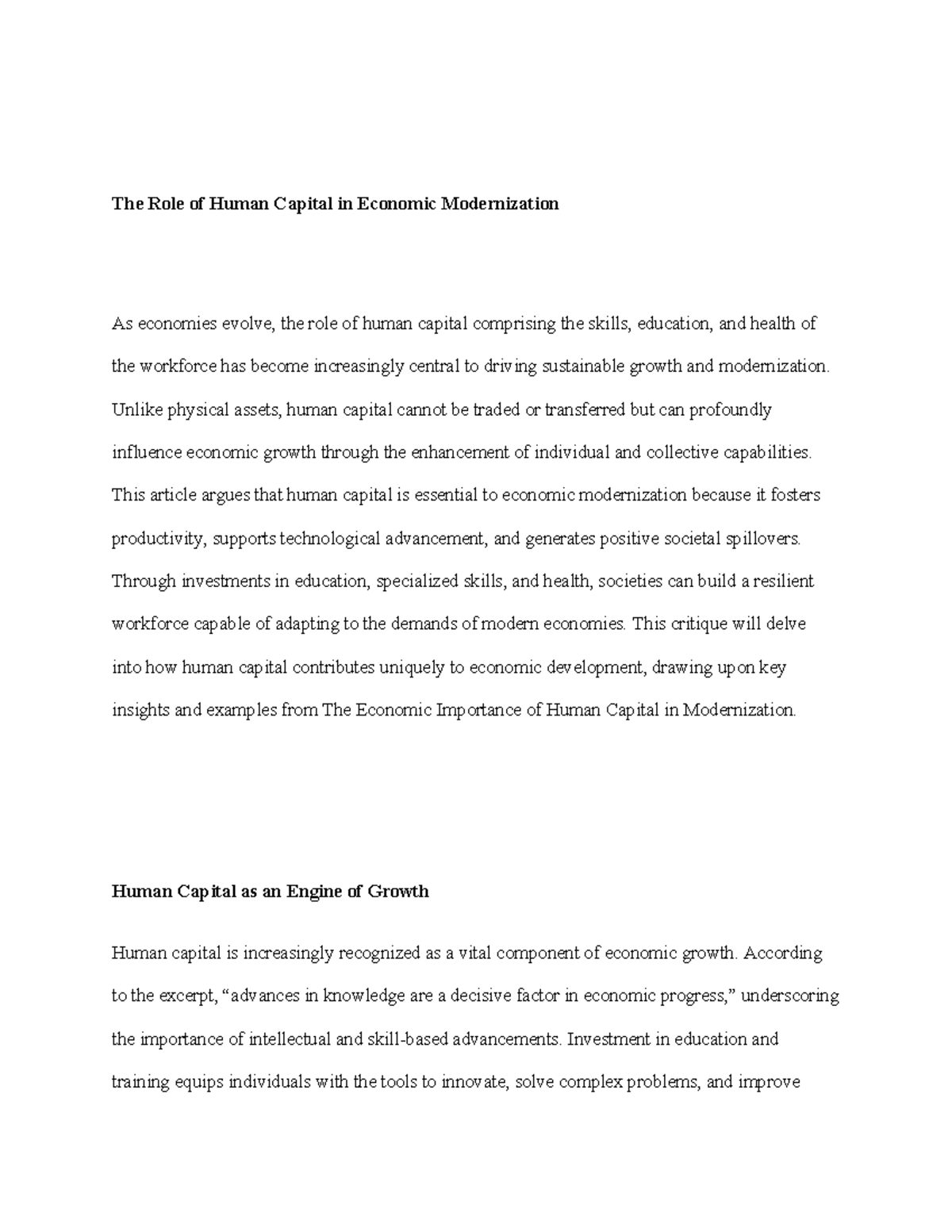 ECON 101: Article Critique on Human Capital's Role in Economic Growth ...