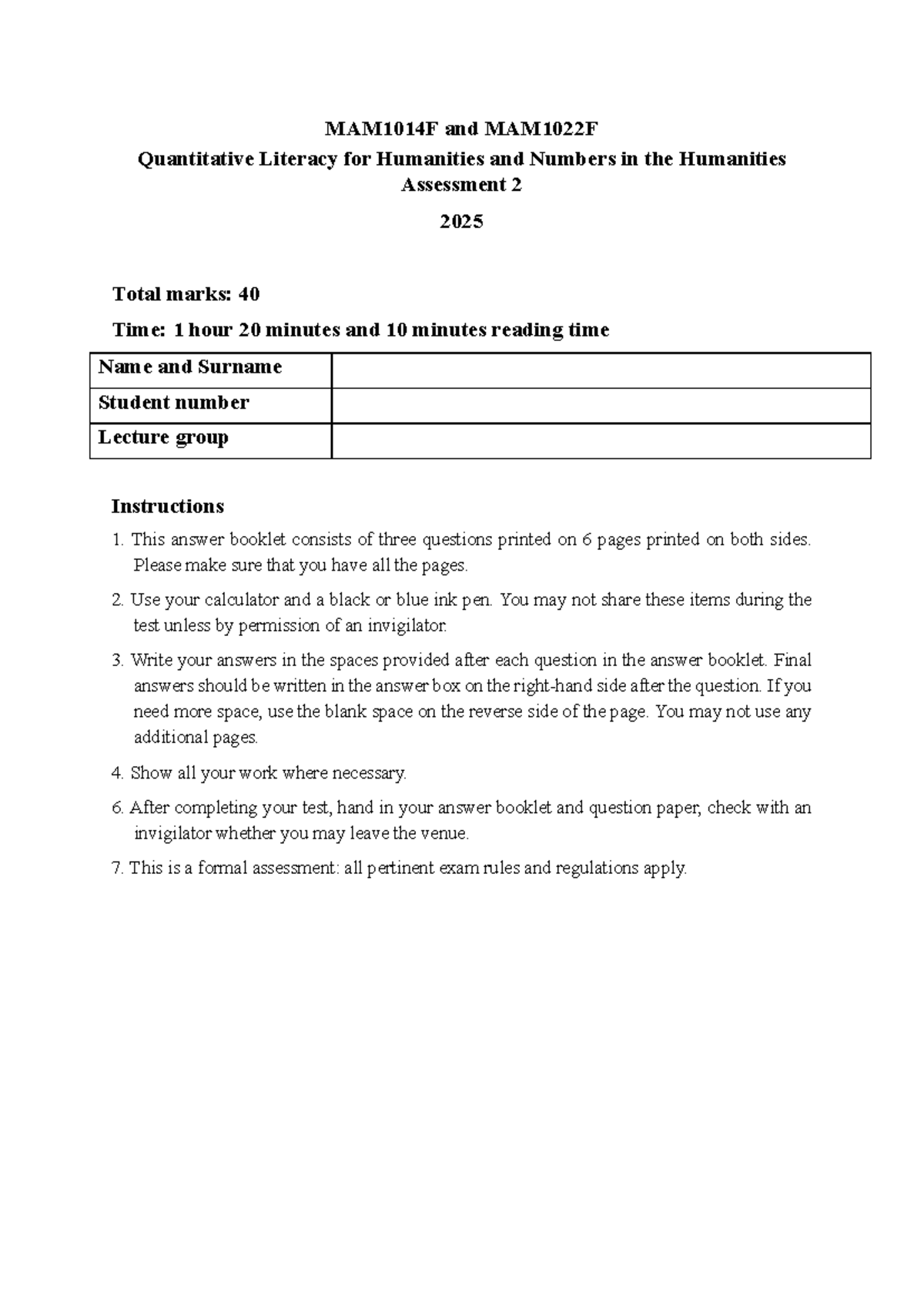 MAM1014F & MAM1022F Quantitative Literacy Assessment 2 Memo 2025 - Studocu