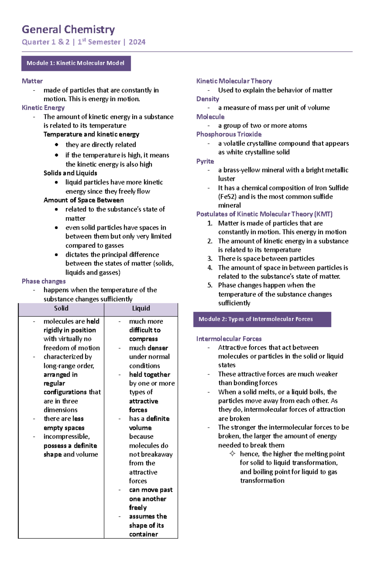 Chem - Reviewer Q1 & Q2: Kinetic Molecular Theory & Intermolecular ...
