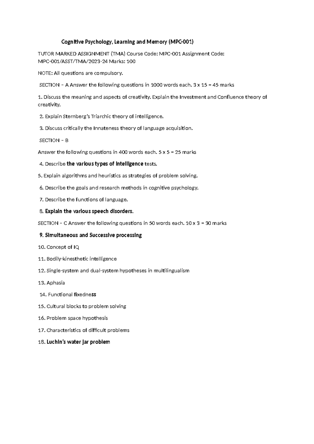 Cognitive Psychology - SECTION – A Answer the following questions in ...