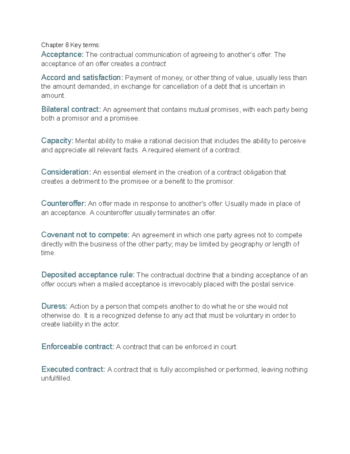 Chapters 8 & 9 Key Terms and Notes for Contract Law (LAW 101) - Studocu