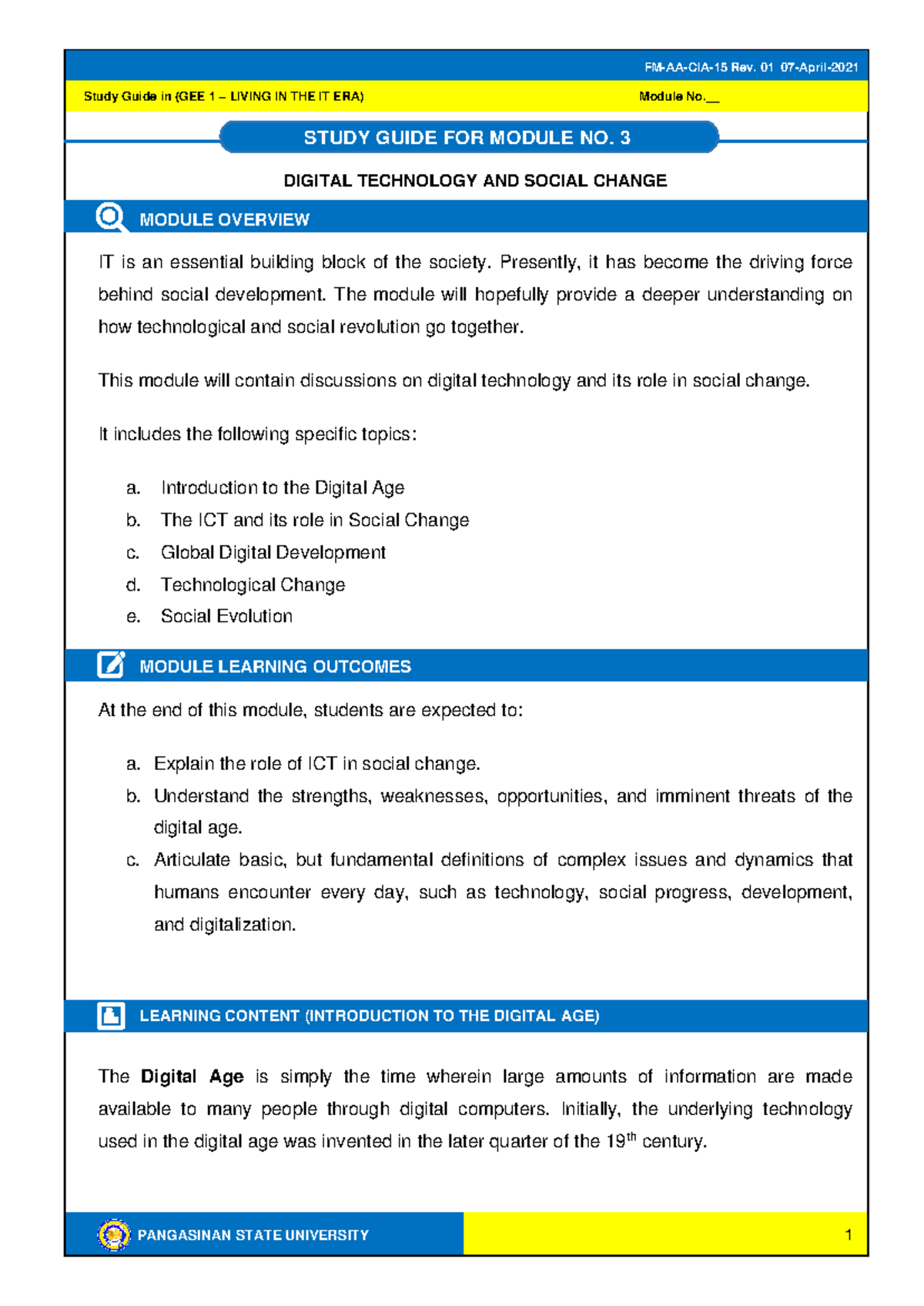 GEE 1 Study Guide: Module 3 - Digital Tech & Social Change - Studocu