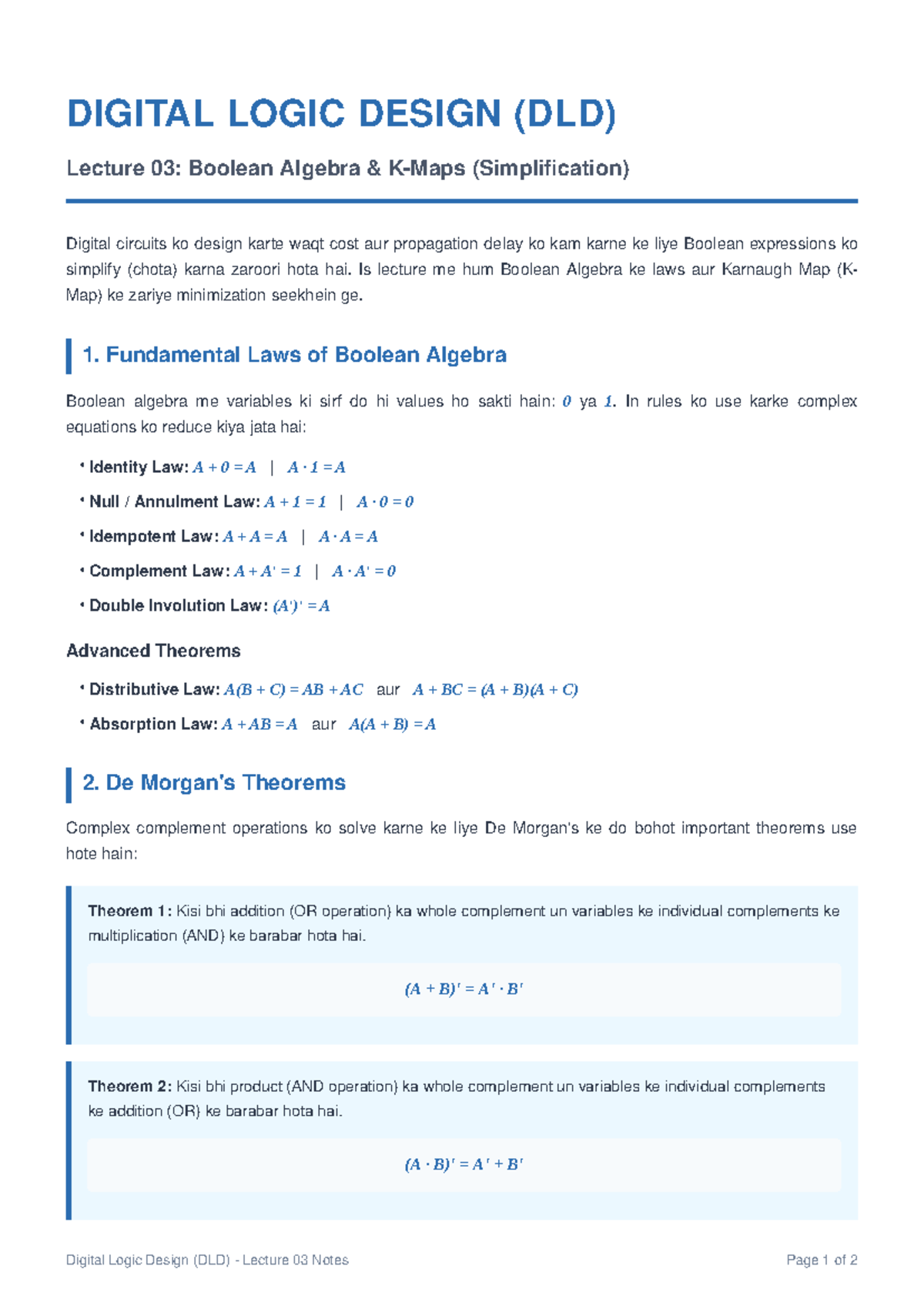 DLD Lecture 03: Boolean Algebra & K-Maps Simplification Notes - Studocu