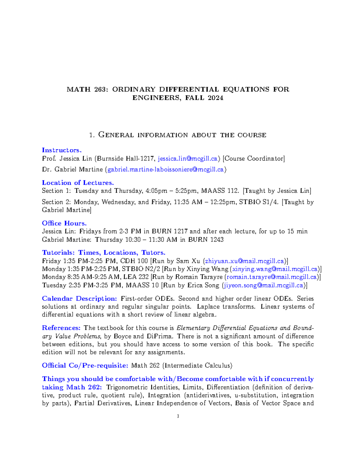 MATH 263: Course Outline for Ordinary Differential Equations, Fall 2024 ...