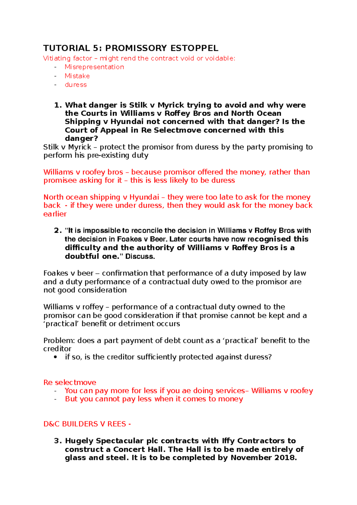 Tutorial 5 Notes - Contract Law: Promissory Estoppel & Case Analysis ...