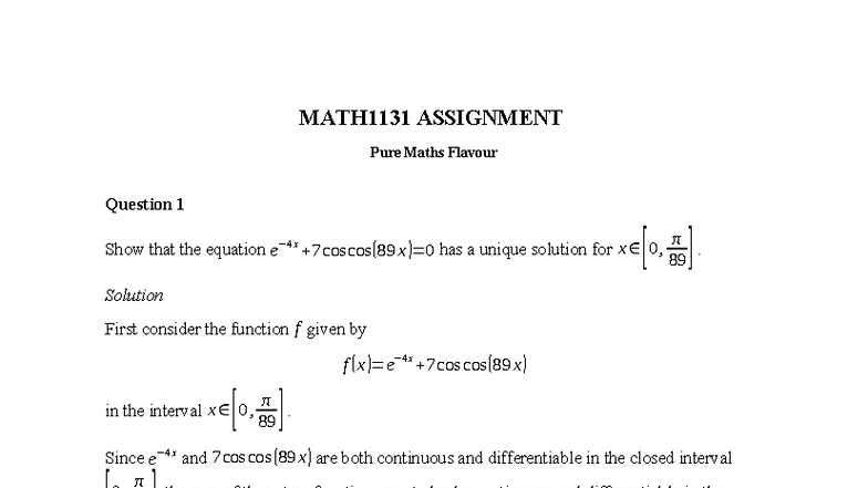 MATH1131 Assignment: Unique Solutions & Mean Value Theorem - Studocu