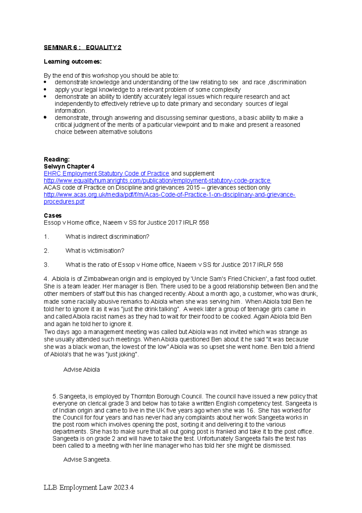 Seminar 6: Equality 2 - Lecture Notes on Discrimination Law - Studocu
