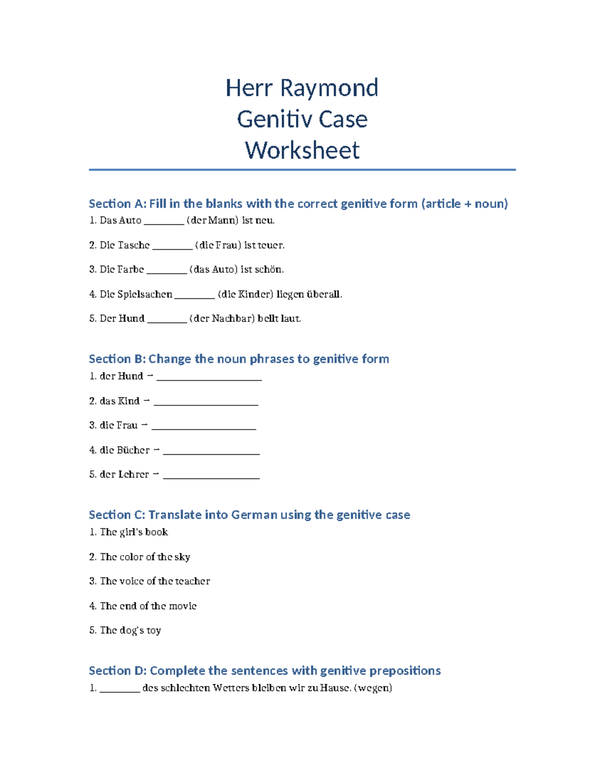 Genitiv Case Worksheet - German Grammar Practice Exercise - Studocu