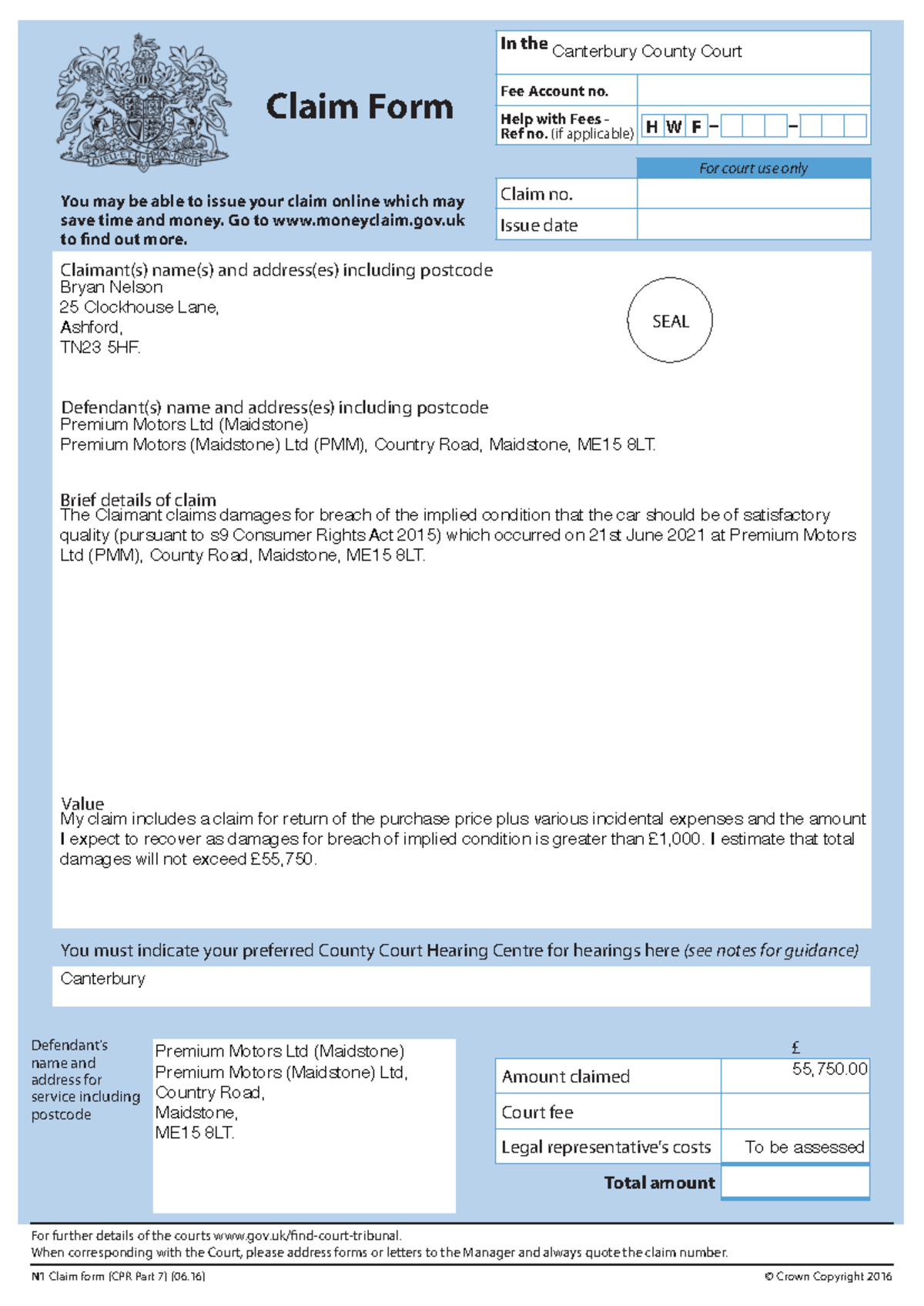 N1 Claim Form (CPR Part 7) - Assessment of Breach of Implied Condition ...