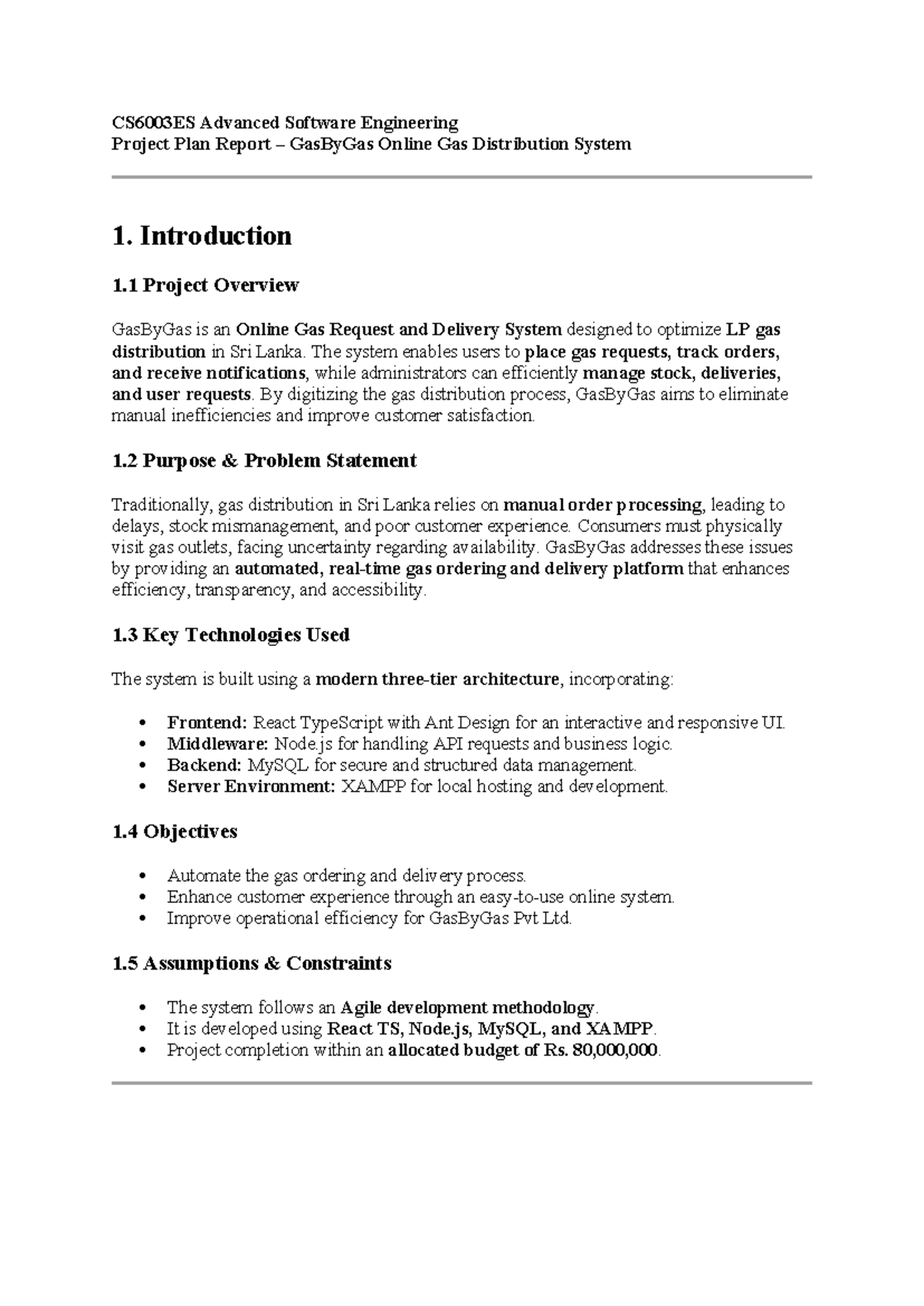 CS6003ES Advanced Software Engineering Project Plan for GasGas System ...