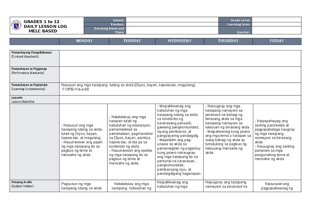 WEEK 4 DAILY LESSON LOG FOR GRADES 1-12: MELC BASED - Studocu