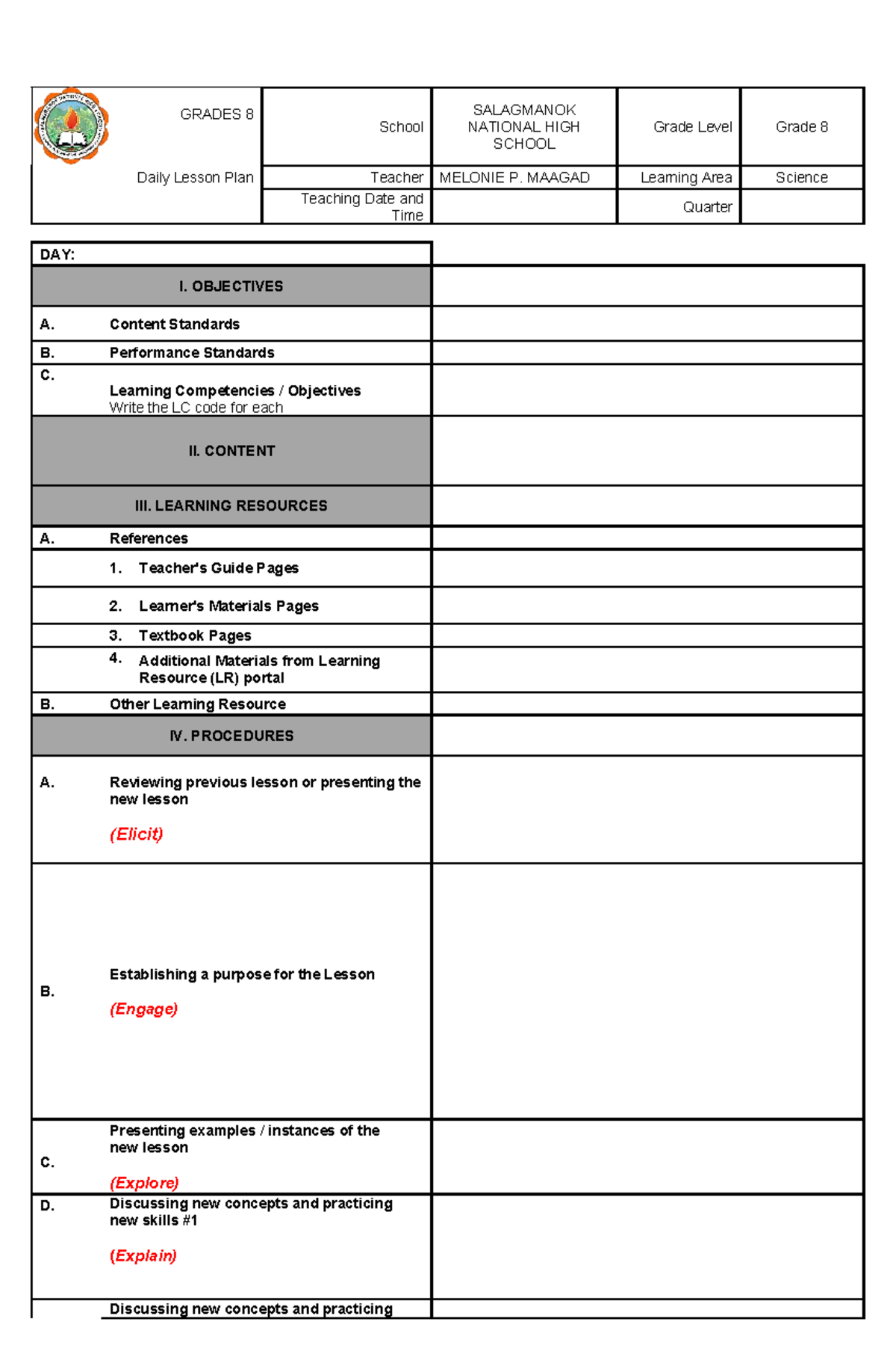 G10 Math Daily Lesson Plan Template: 7Es Approach - Studocu