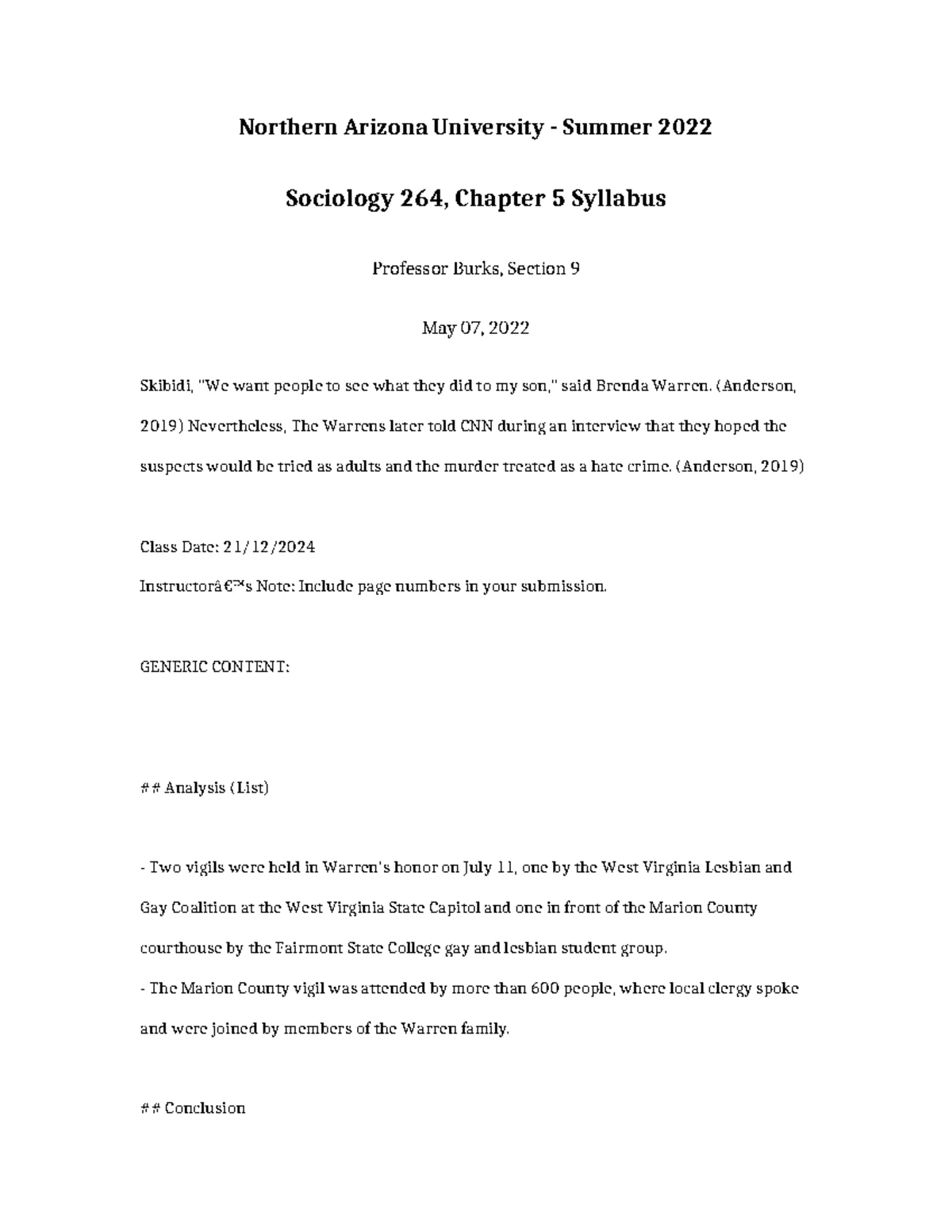 Sociology 264 Chapter 5 Paper - Northern Arizona University - Summer ...
