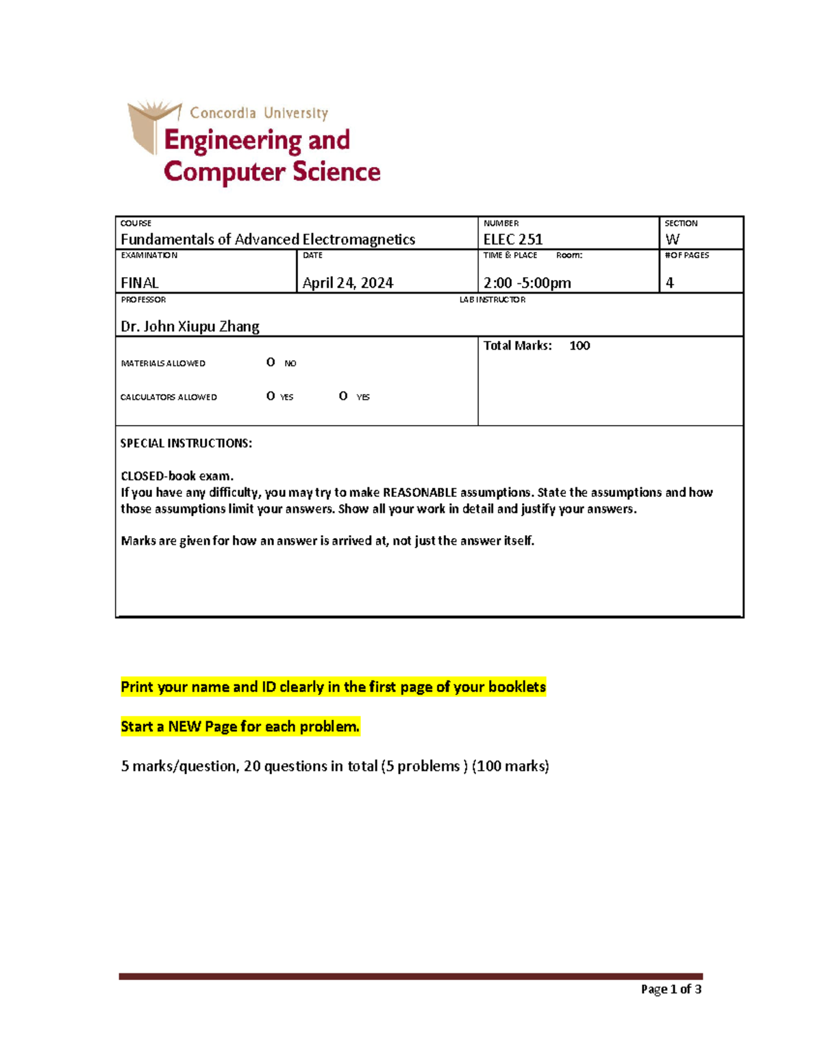Final Exam Elec 251 Advanced Electromagnetics Winter 2024 Studocu