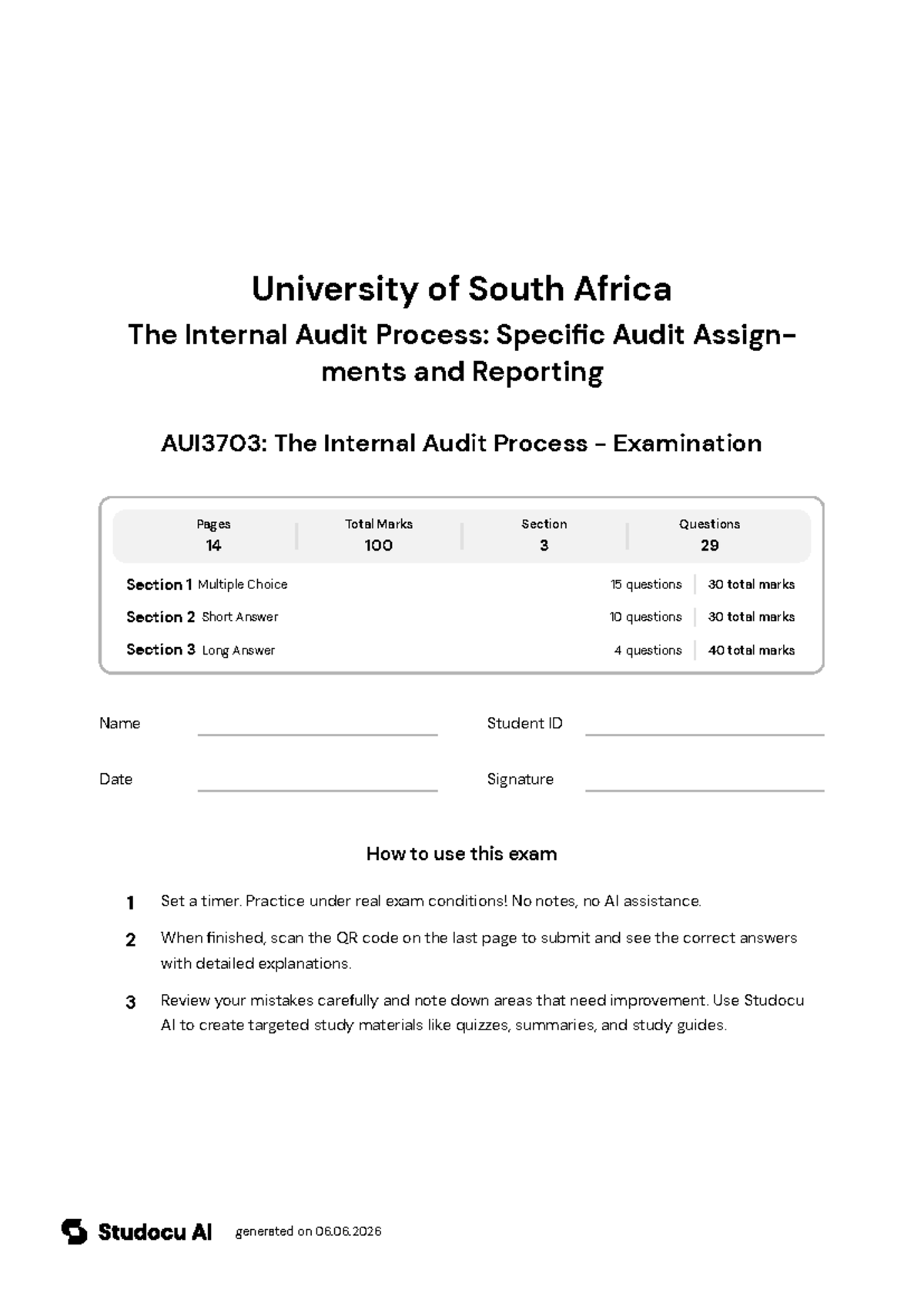 AUI3703: Internal Audit Process - Final Exam - Studocu