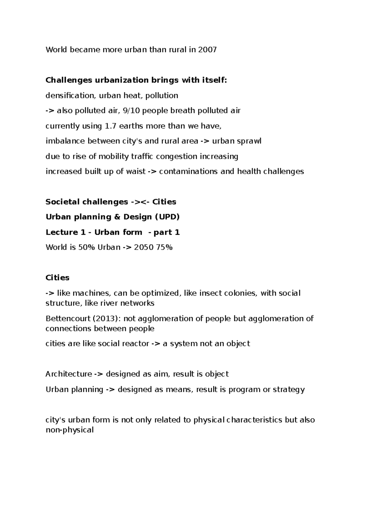 UPD Lecture 1 Notes: Urban Form and Challenges of Urbanization ...