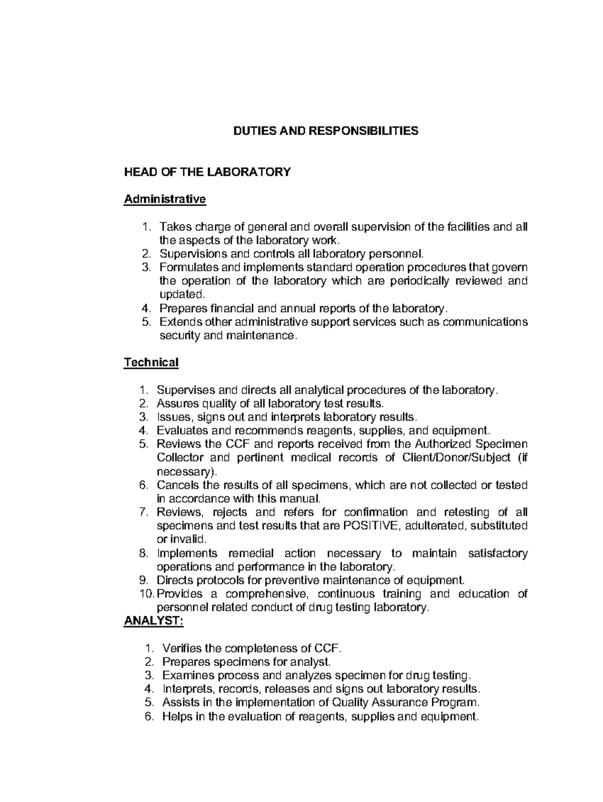 Duties and Responsibilities of Laboratory Head and Staff Roles - Studocu