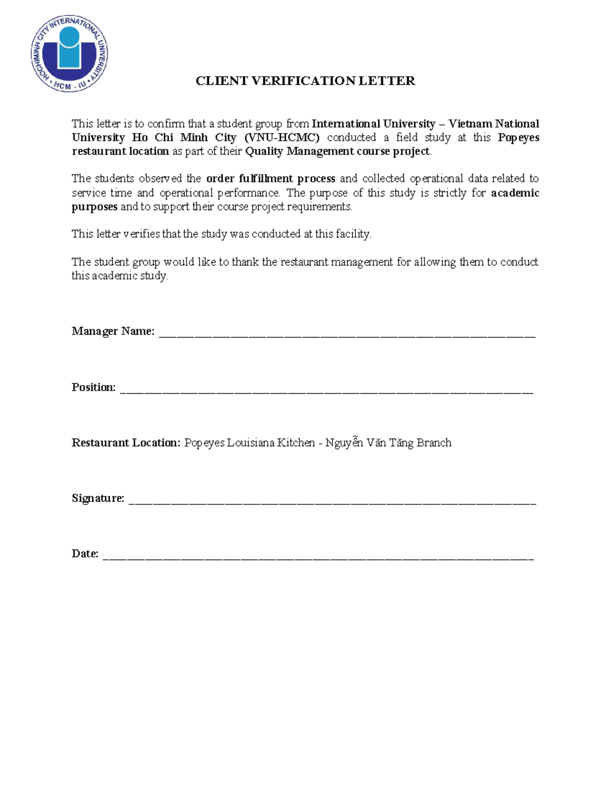 CLIENT VERIFICATION LETTER FOR QM COURSE PROJECT - Studocu