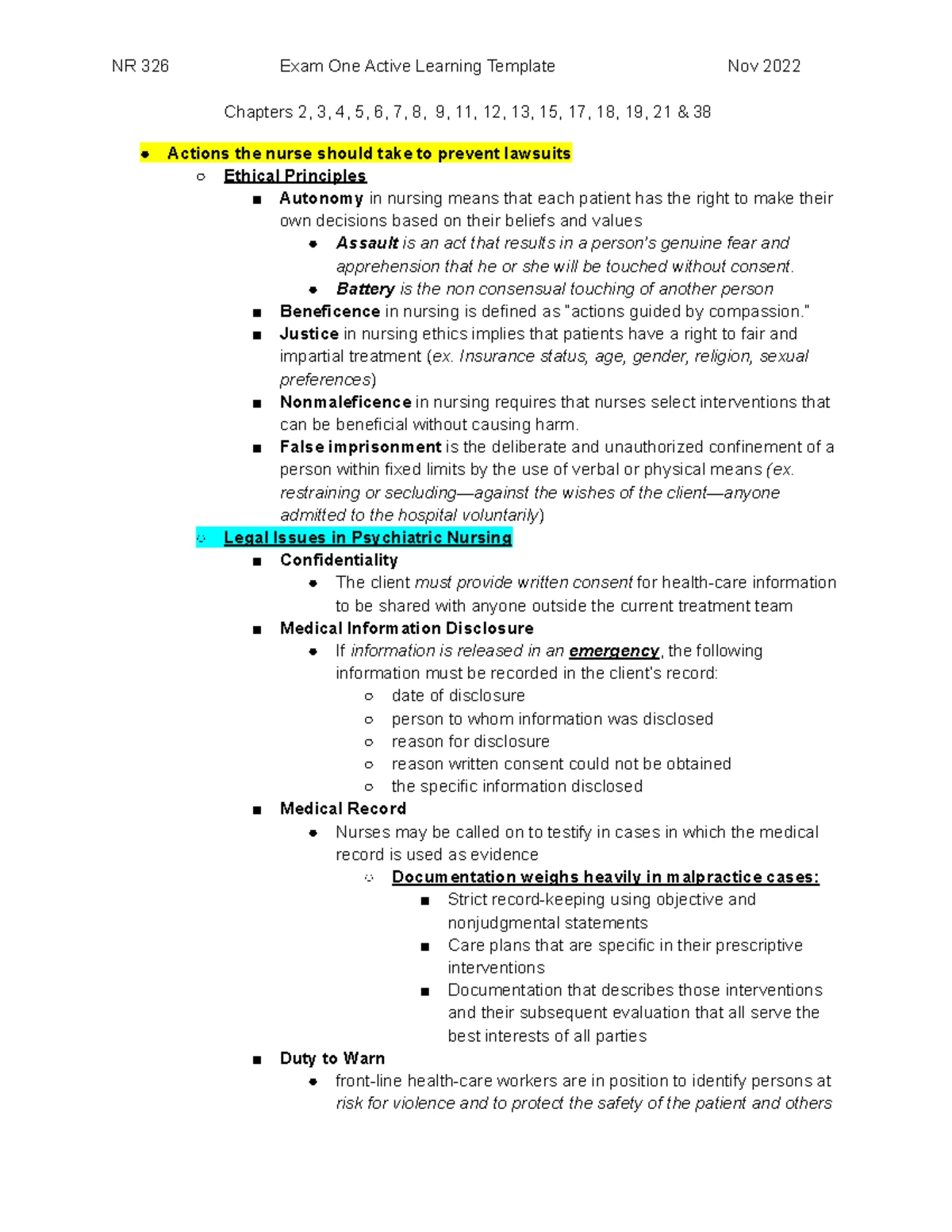 NR 326 Exam 1 Study Guide: Safety, Assessment, and Therapeutic ...