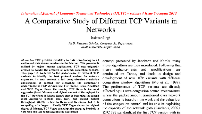 Ijctt-V4I8P204 - Comparative Analysis of TCP Variants in Networks - Studocu