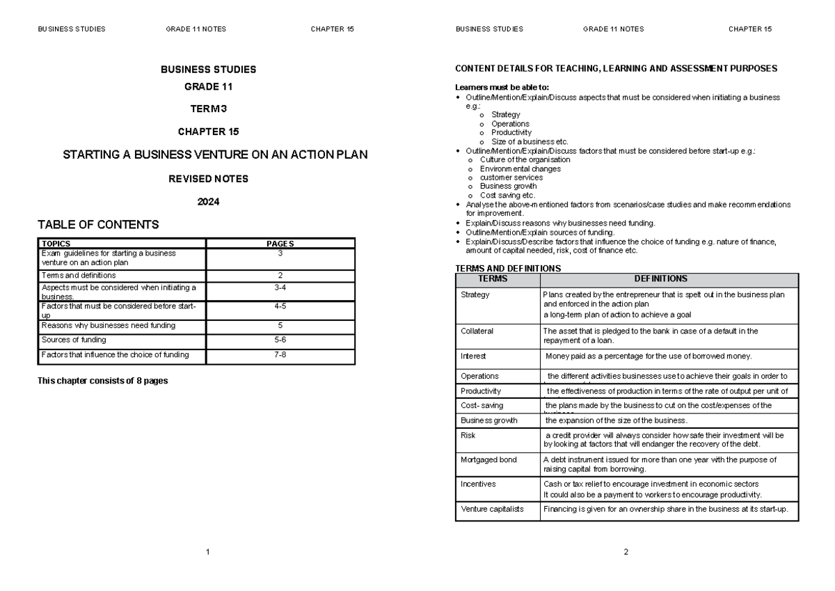 BUSN 11 Term 3: Starting a Business Venture Notes - Studocu