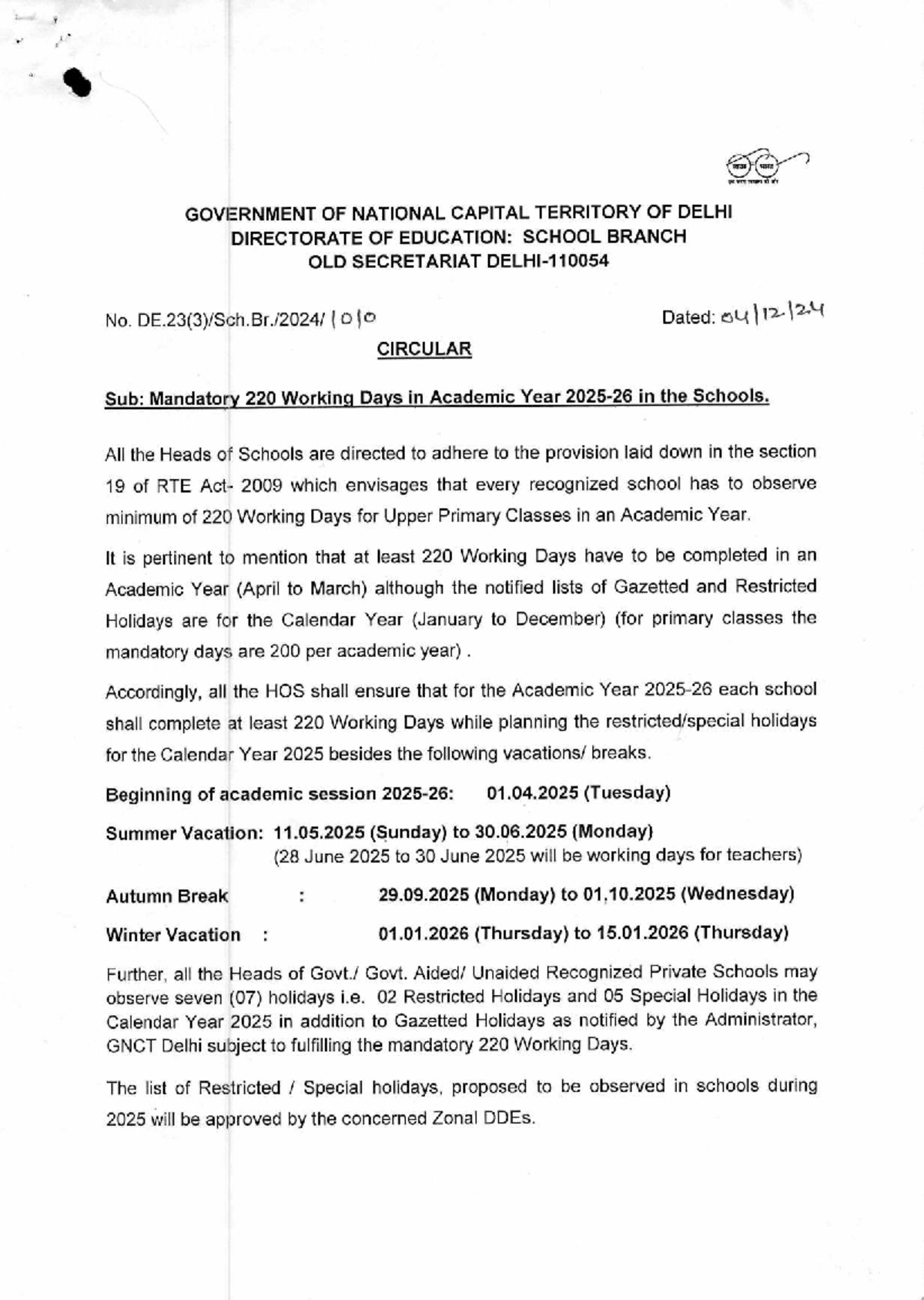 Mandatory 220 Working Days Circular for Schools - Cir2024526064 - Studocu