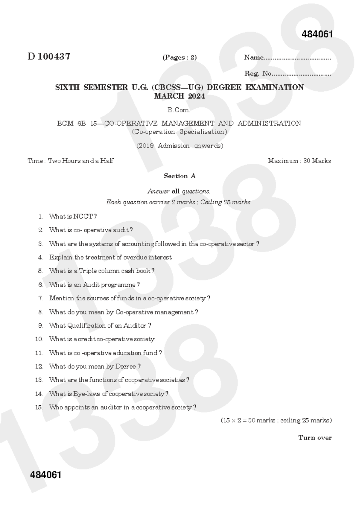 B.Com. BCM 6B Management and Administration Exam Questions - March 2024 ...