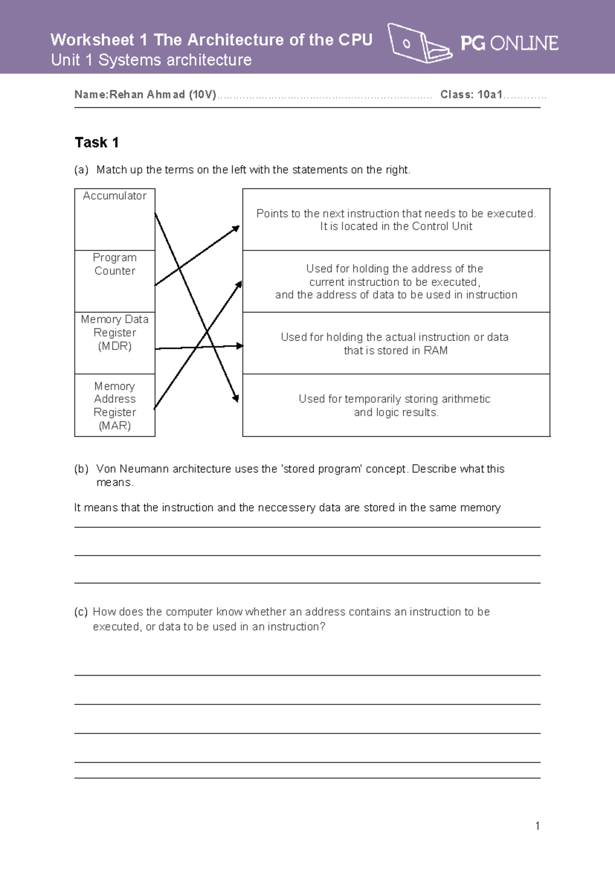 Worksheet 1: The Architecture of the CPU (Unit 1 Systems Architecture ...