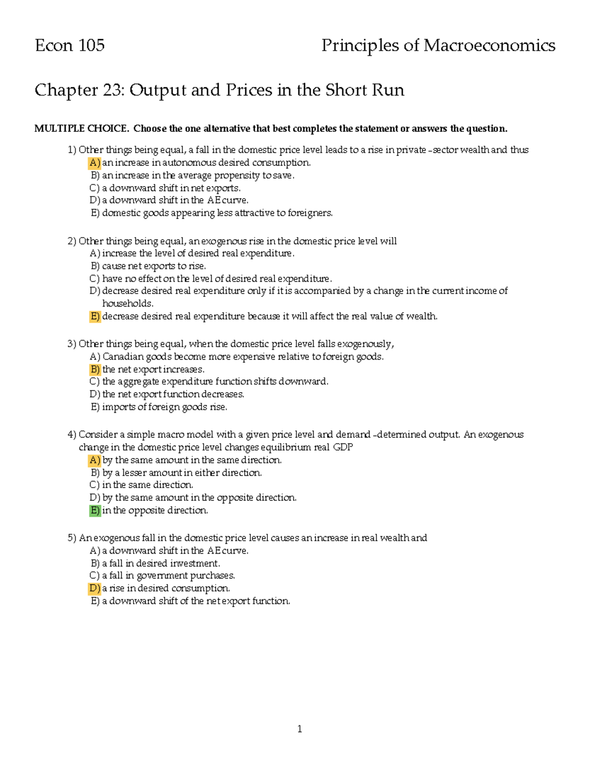 Econ 105 ch 23 practice mcq - Econ 105 Principles - Studocu